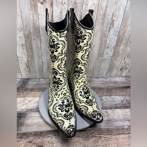 Corkys Women’s Black Cream Paisley Print Rubber Tall Rain Boots Size 11